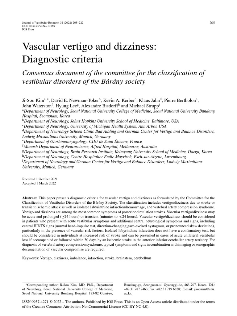 Kim Et Al 2022 Vascular Vertigo and Dizziness Diagnostic Criteria | PDF ...