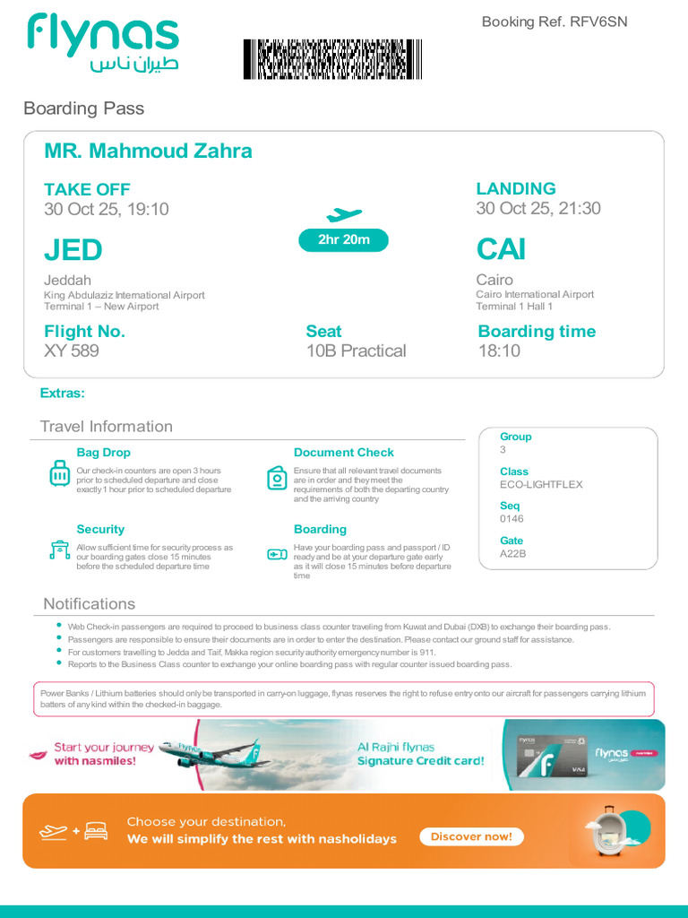 Flynas Boarding Pass and Travel Info | PDF | Aviation | Transport