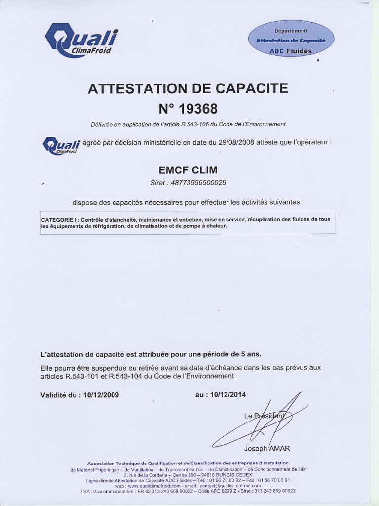 Attestation de Capacité EMCF CLIM | PDF