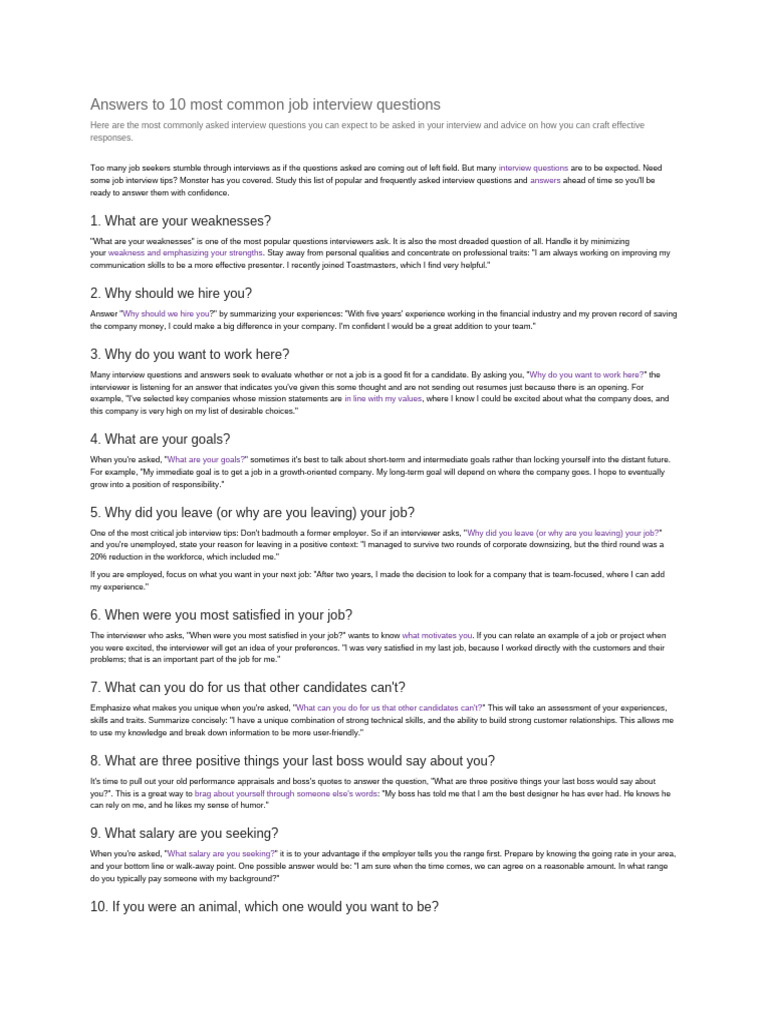 Top 10 Job Interview Questions Answered | PDF | Job Interview | Psychology