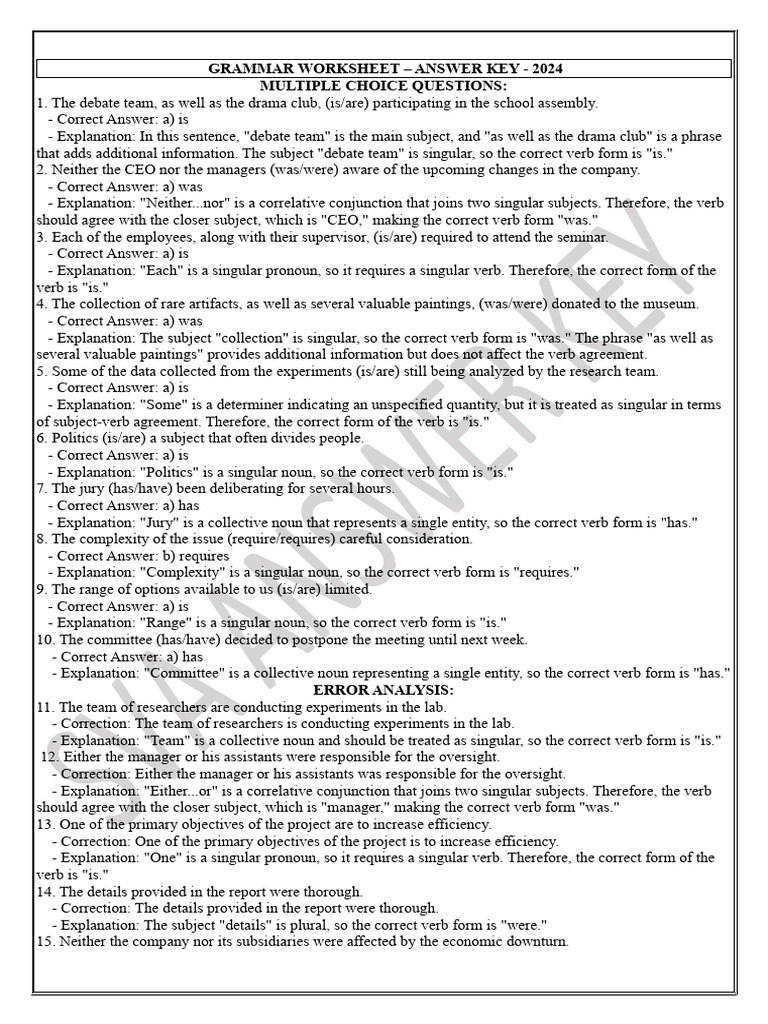 Grammar Worksheet Answer Key 2024 | PDF | Grammatical Number | Verb