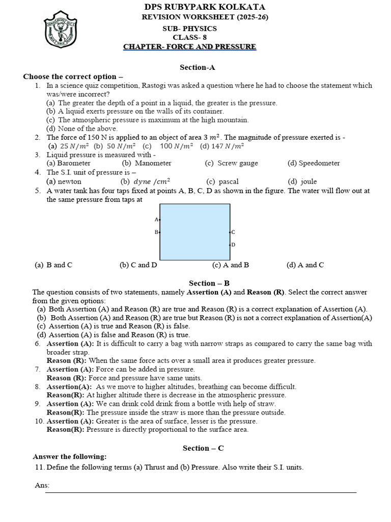 Class 8 Physics: Force and Pressure Worksheet | PDF | Pressure | Force
