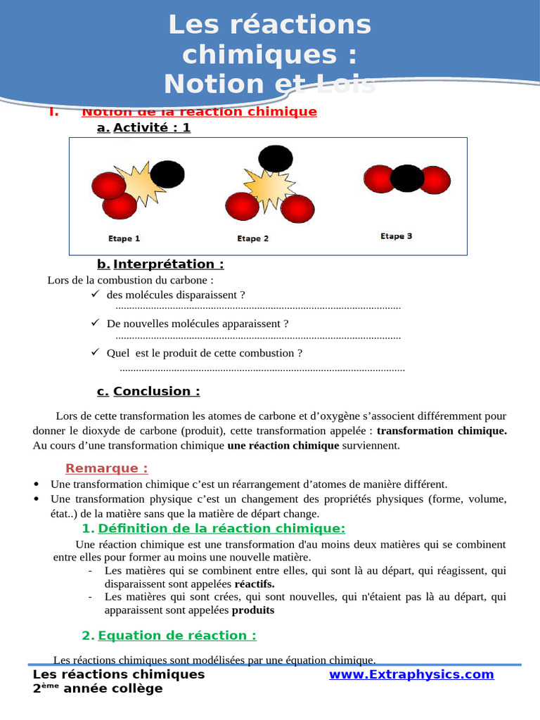 Notions de Réaction Chimique et Lois | PDF | Chimie | La combustion