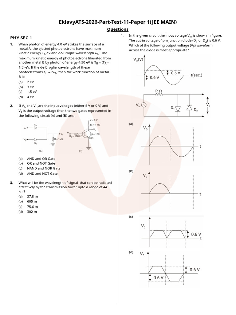 JEE Main Physics Practice Paper 2026 | PDF | Acid | Electronvolt