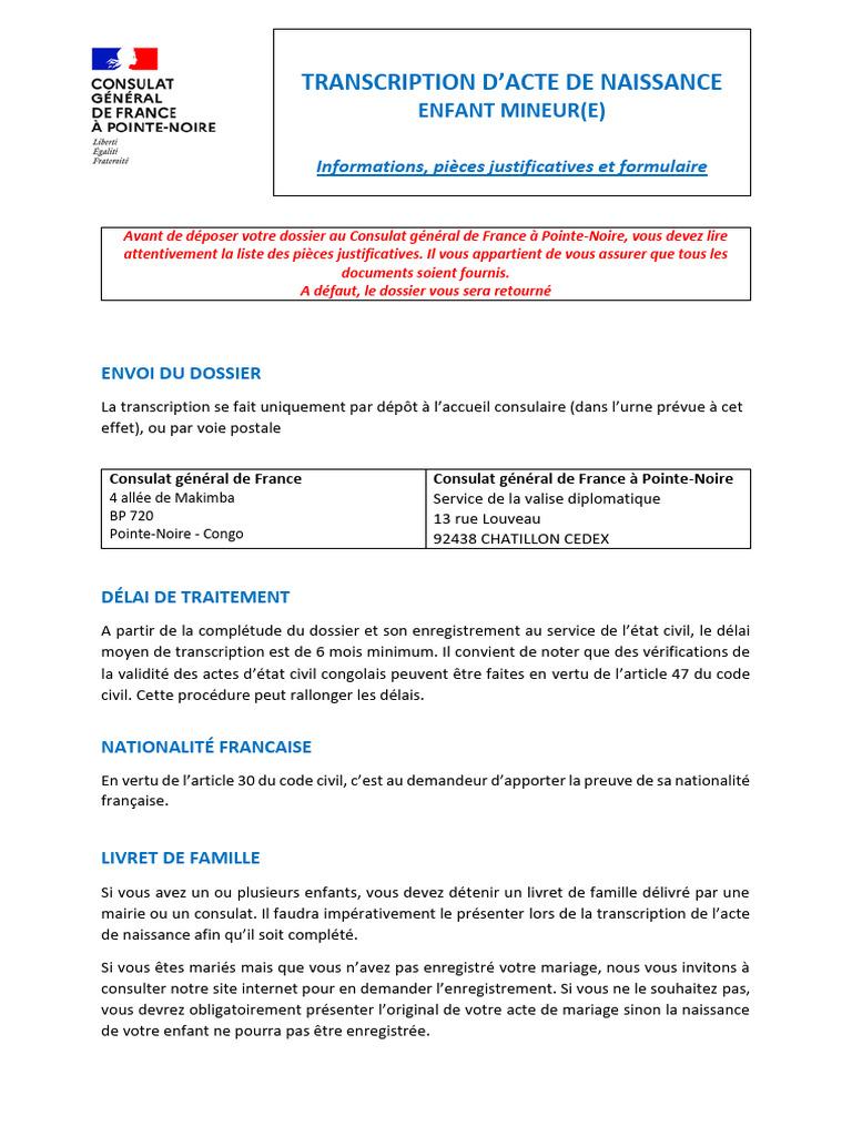 Transcription acte de naissance enfant mineur | PDF | Certificat de ...