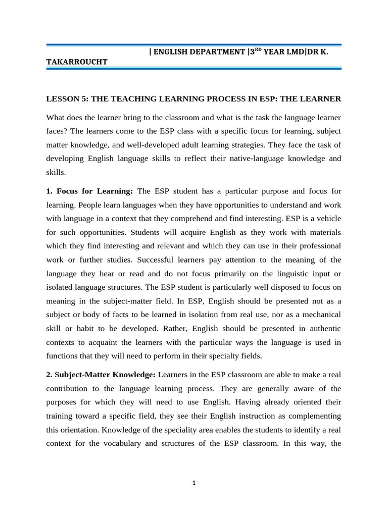 ESP Learner Characteristics and Strategies | PDF | Educational ...