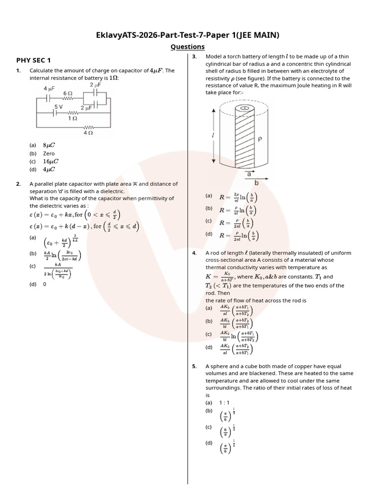 JEE Main 2026 Physics Test Paper 1 | PDF | Coordination Complex | Capacitor