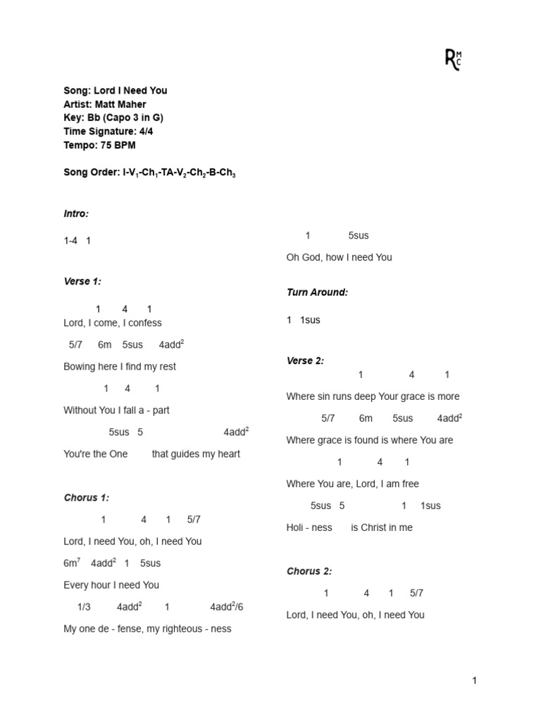 Lord I Need You Lyrics and Chords | PDF | Song Structure | Systematic ...