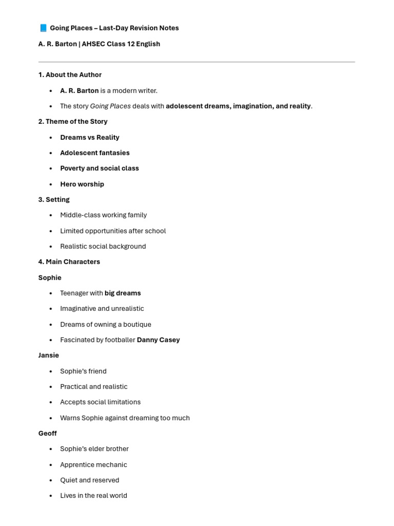 Going Places: Class 12 Revision Notes | PDF