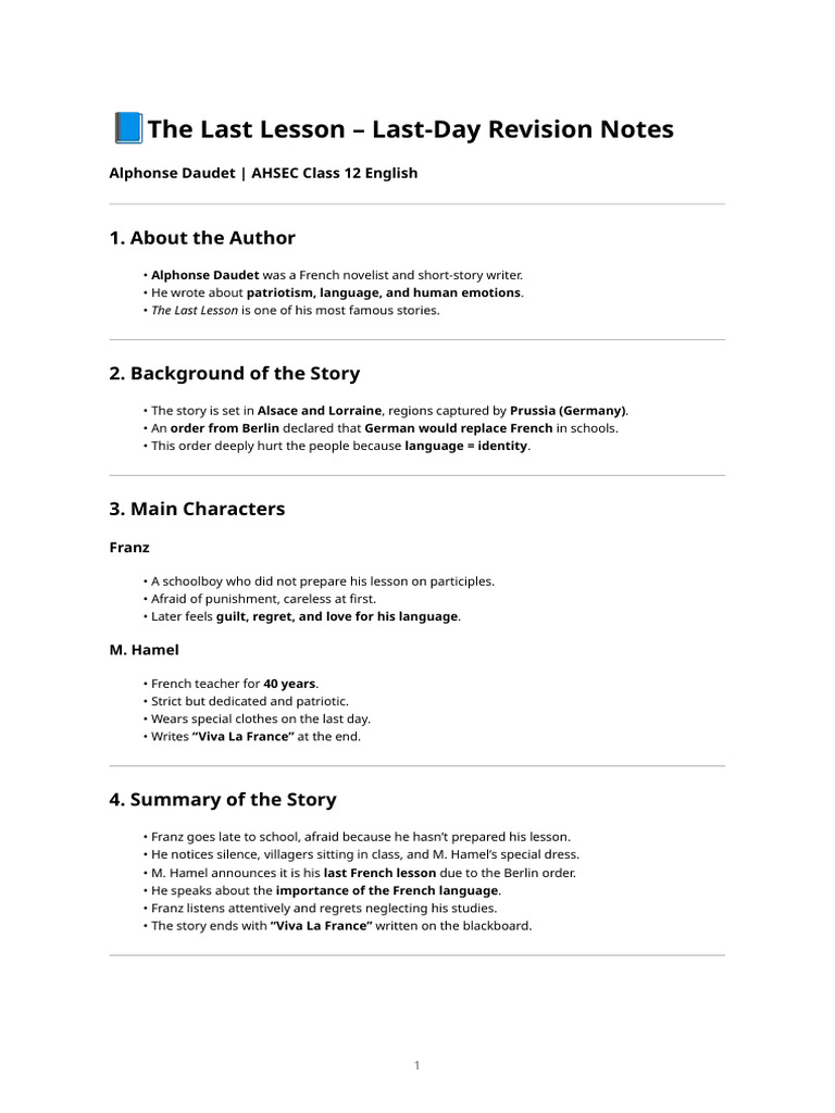 The Last Lesson - Last Day Revision Notes (Ahsec Class 12) | PDF