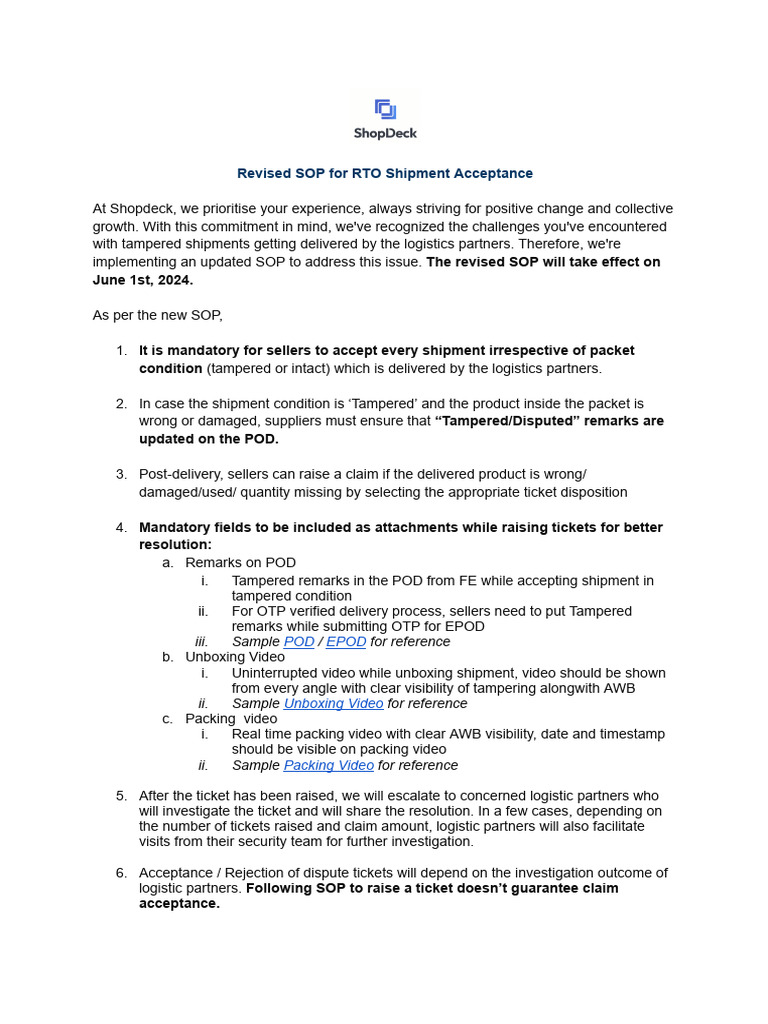 Revised SOP for RTO Shipment Issues | PDF
