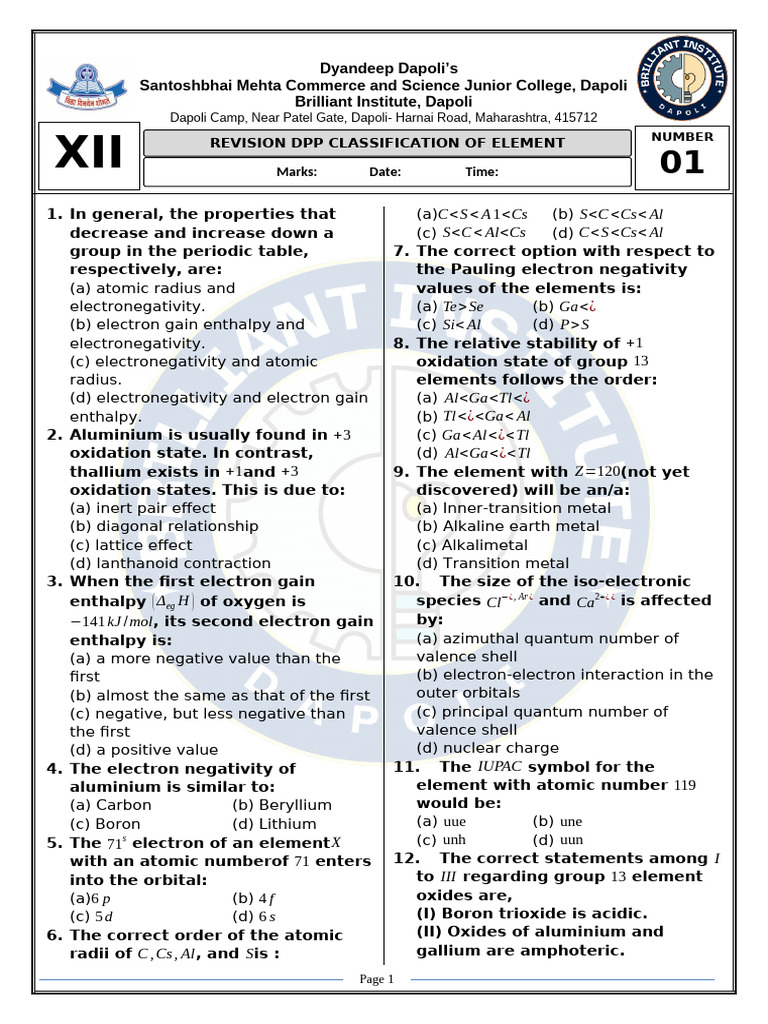 RV Sheet Classification of Element Ans | PDF | Ionic Bonding | Ion