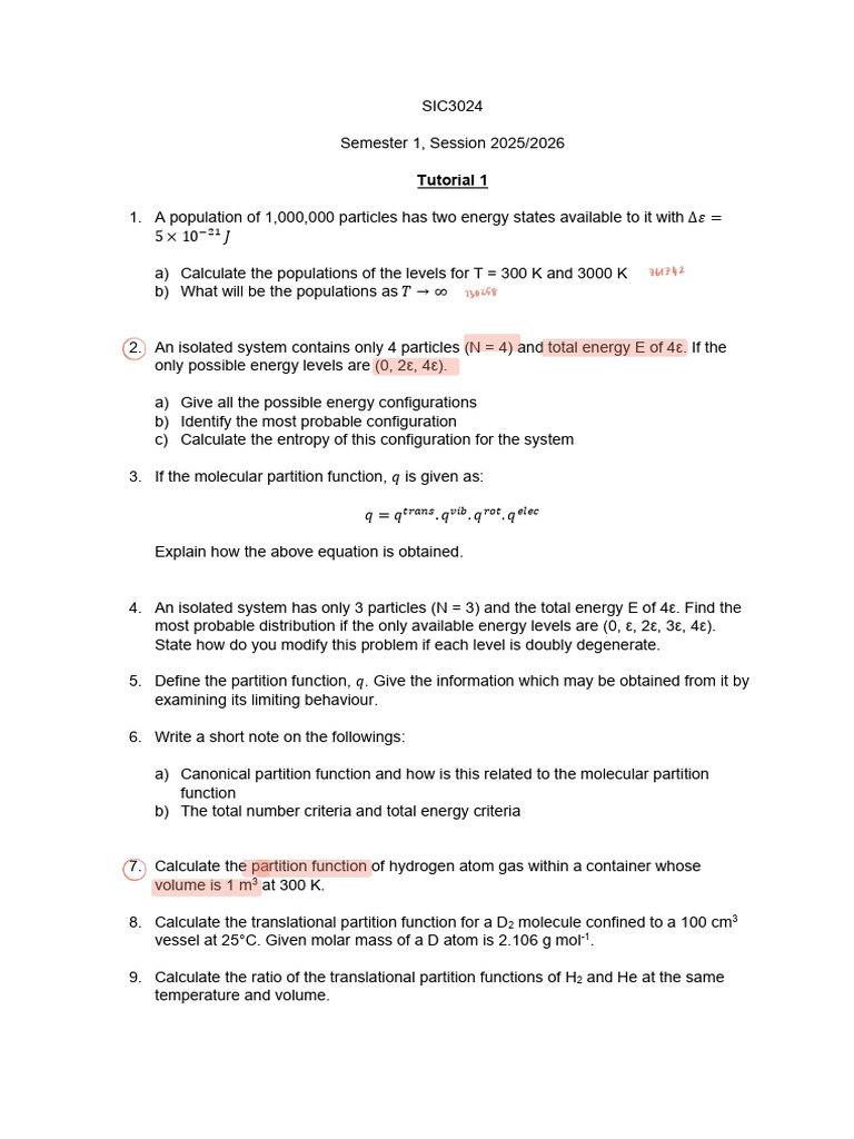 Statistical Mechanics Tutorial Problems | PDF