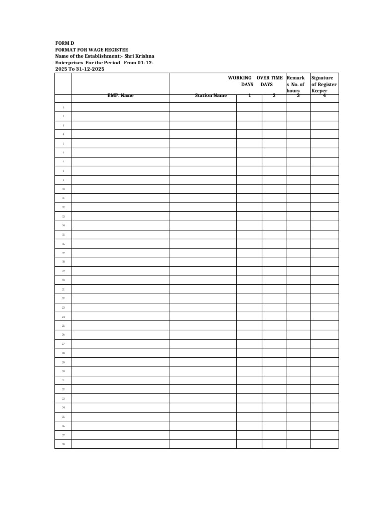 Wage Register Format for Shri Krishna Enterprises | PDF
