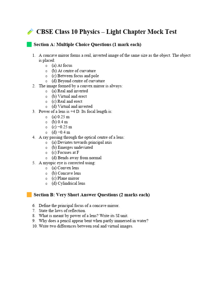 Light Mock Test 3 | PDF | Mirror | Optics