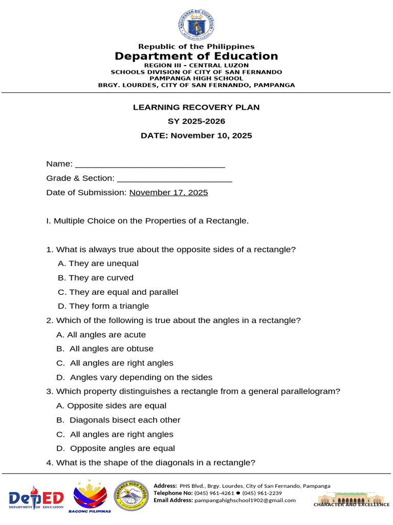 Learning Recovery Plan for Rectangles | PDF | Rectangle | Elementary ...