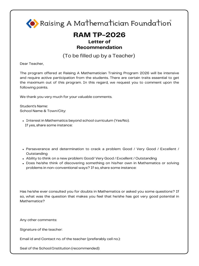 Teacher Recommendation Form for Math Program | PDF