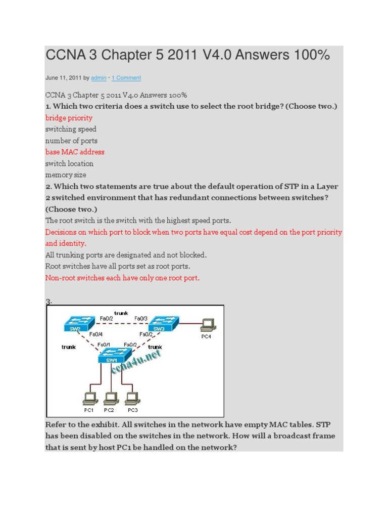 CCNA 3 Chapter 5 2011 V4.0 Answers 100%: Bridge Priority | PDF