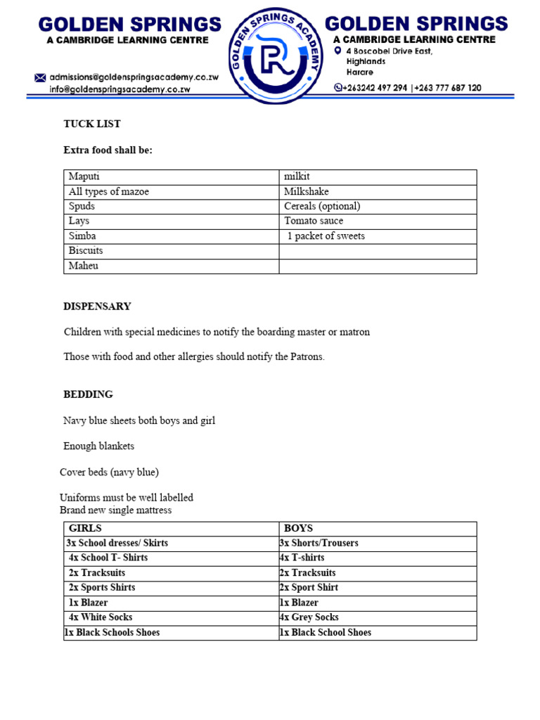 Boarding School Packing List | PDF