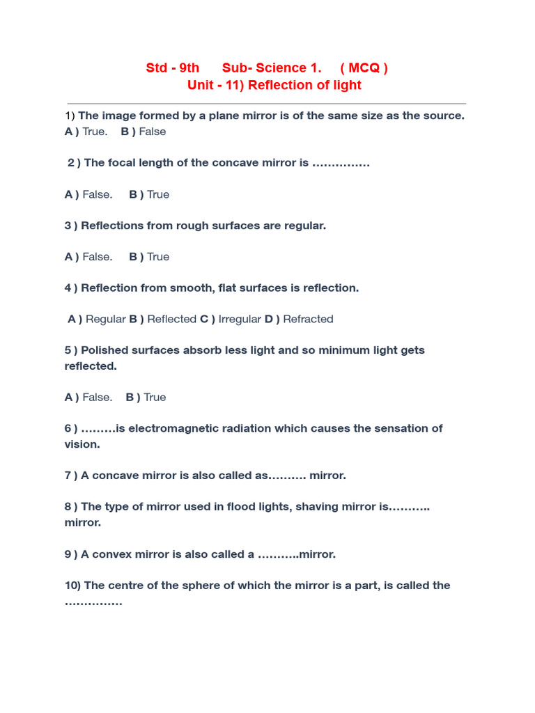 9th Grade Science: Light Reflection MCQs | PDF