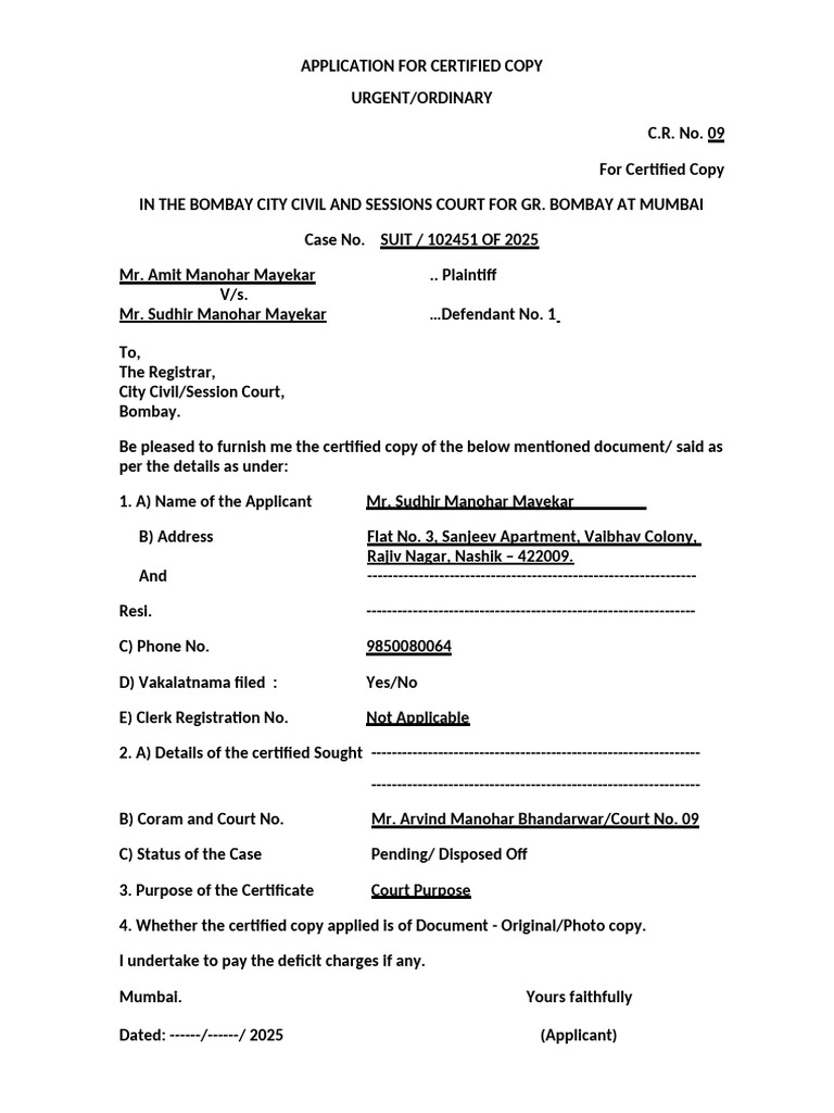 Certified Copy Application Mumbai Court | PDF