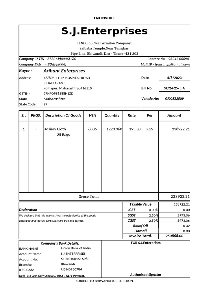 Tax Invoice for Hosiery Cloth Sale | PDF | Textiles | Dyeing