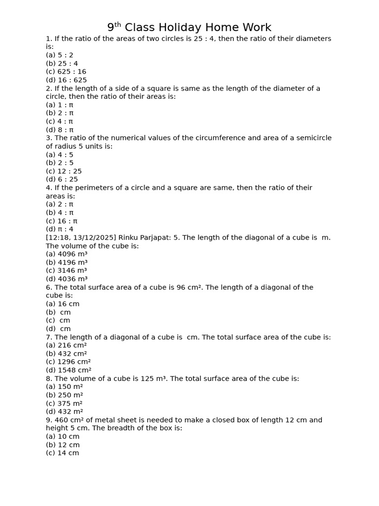 9th Class Geometry Holiday Homework | PDF | Area | Pi