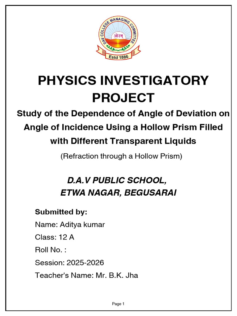 Physics Investigatory Project | PDF | Refractive Index | Refraction