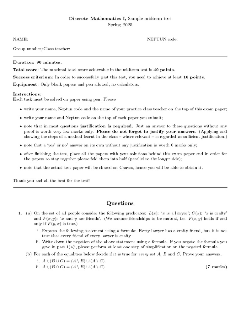Discrete Mathematics I Midterm Sample Test | PDF | Mathematical ...