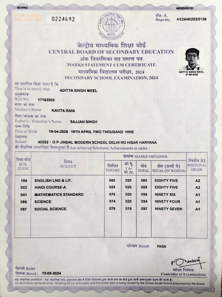 CBSE Marks Statement for Aditya Meel | PDF | Secondary Education