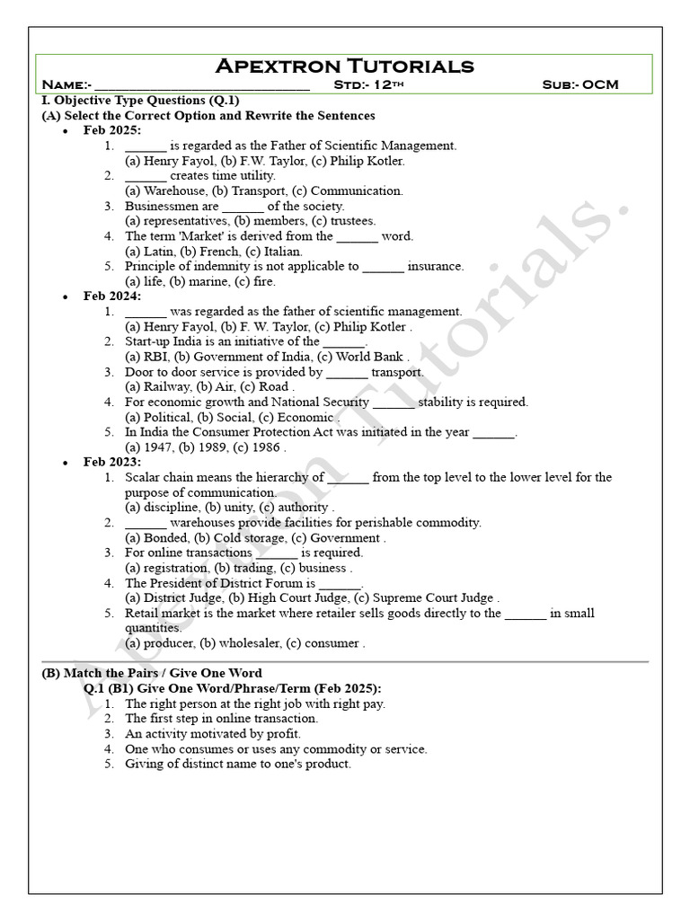 OCM Objective Questions for 12th Grade | PDF | Warehouse | Payments