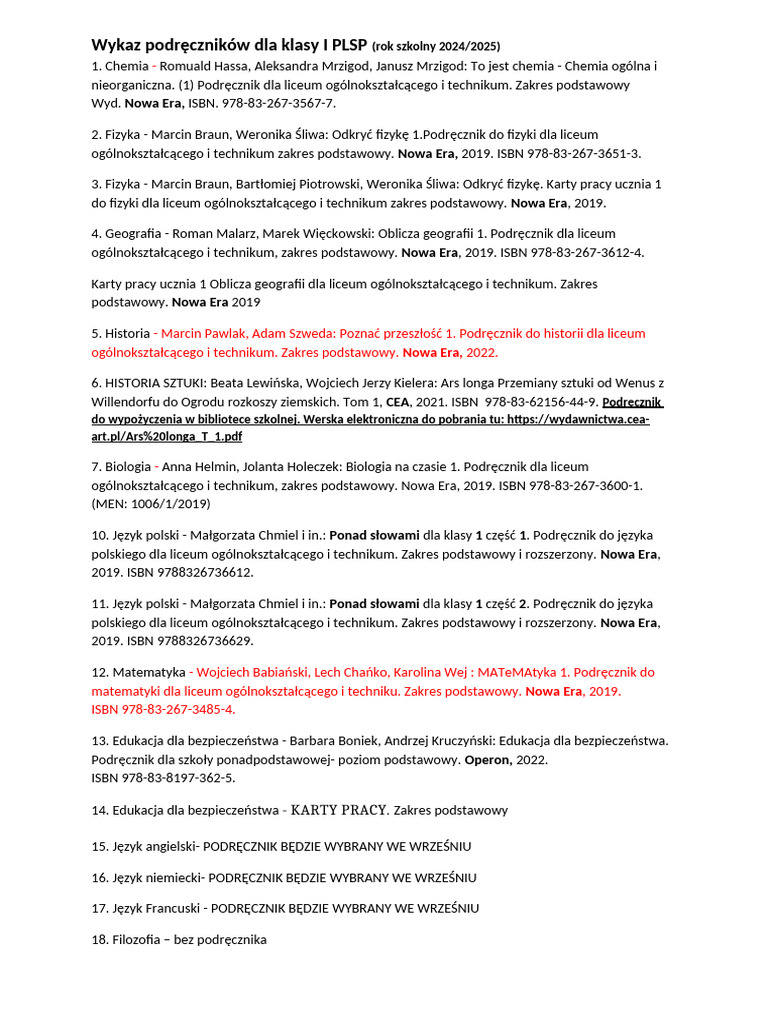 Wykaz Podręczników Dla Klasy I PLSP | PDF