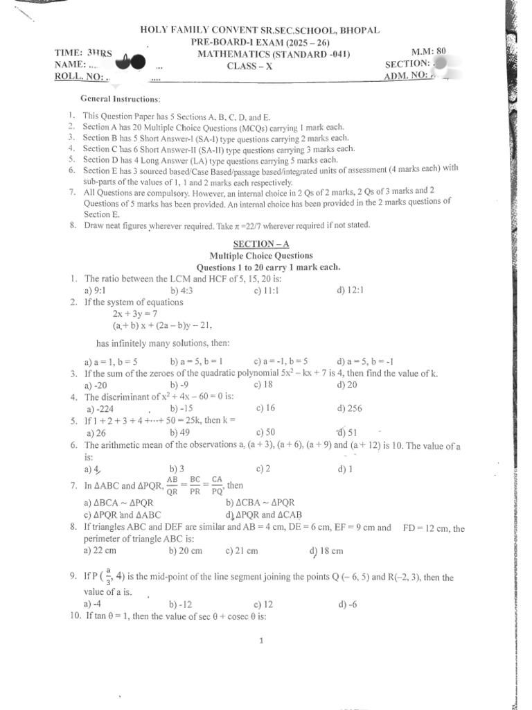Preboard Maths Paper | PDF
