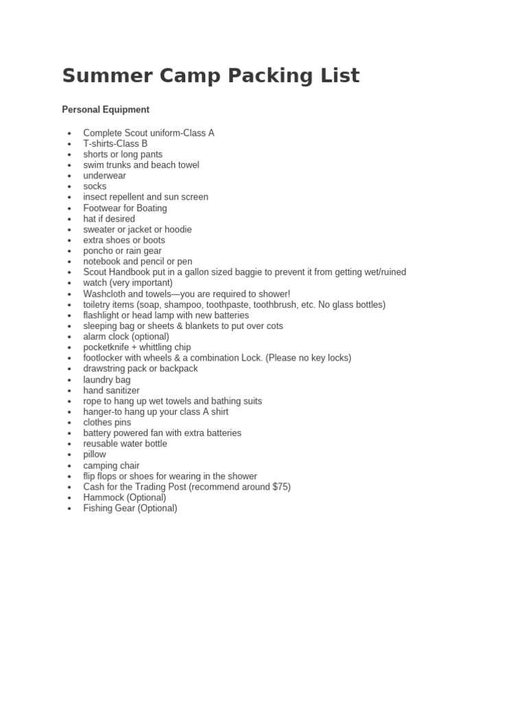 Summer Camp Packing List 2025615221196385742 | PDF