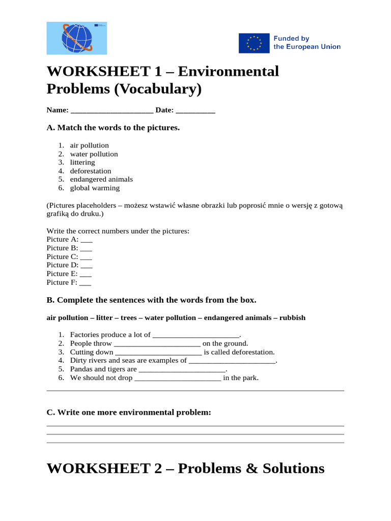Environmental Problems and Solutions Worksheet | PDF | Waste | Natural ...