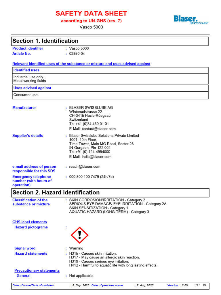 Vasco 5000 Safety Data Sheet | PDF | Toxicity | Occupational Safety And ...