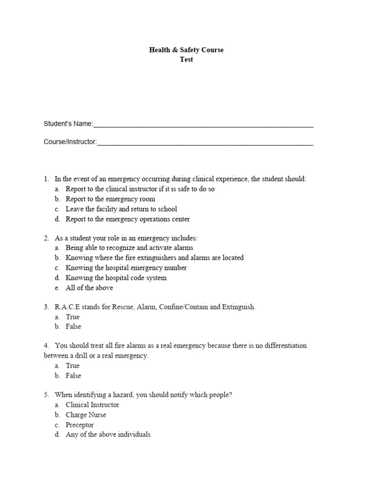 Health & Safety Course Test Guide | PDF | Hospital | Nursing