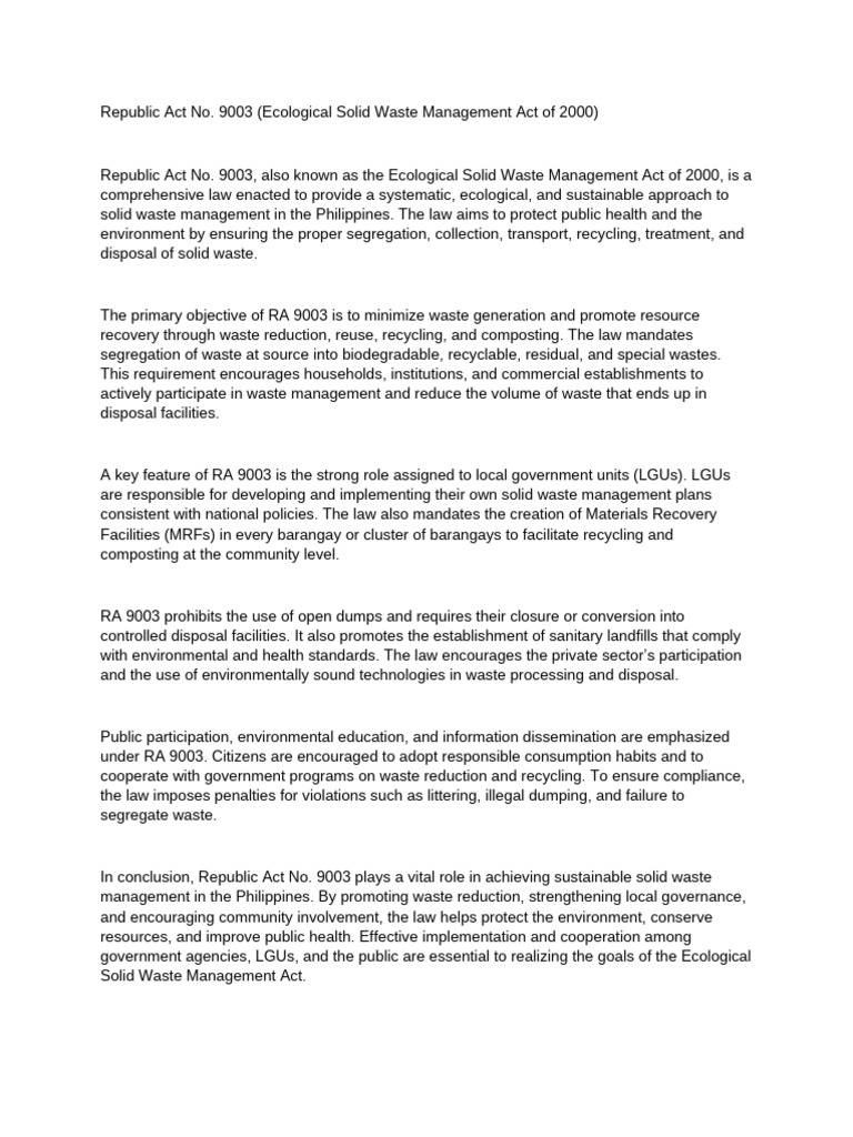 Ecological Solid Waste Management Act | PDF | Waste Management ...