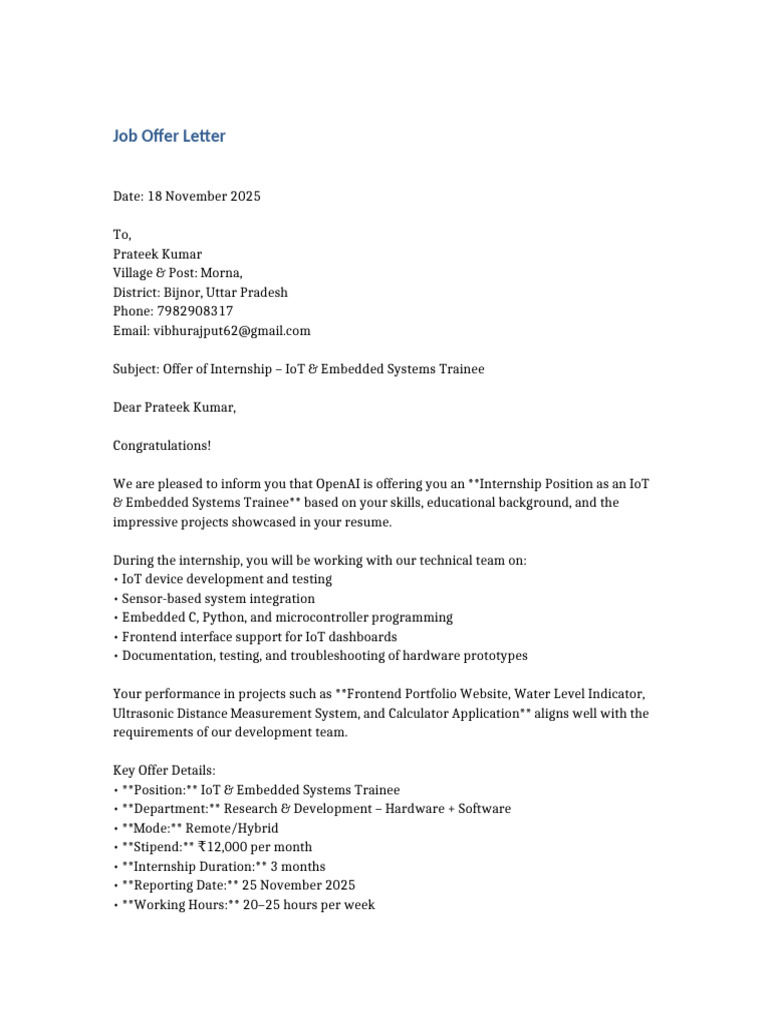 Internship Offer: IoT & Embedded Systems | PDF