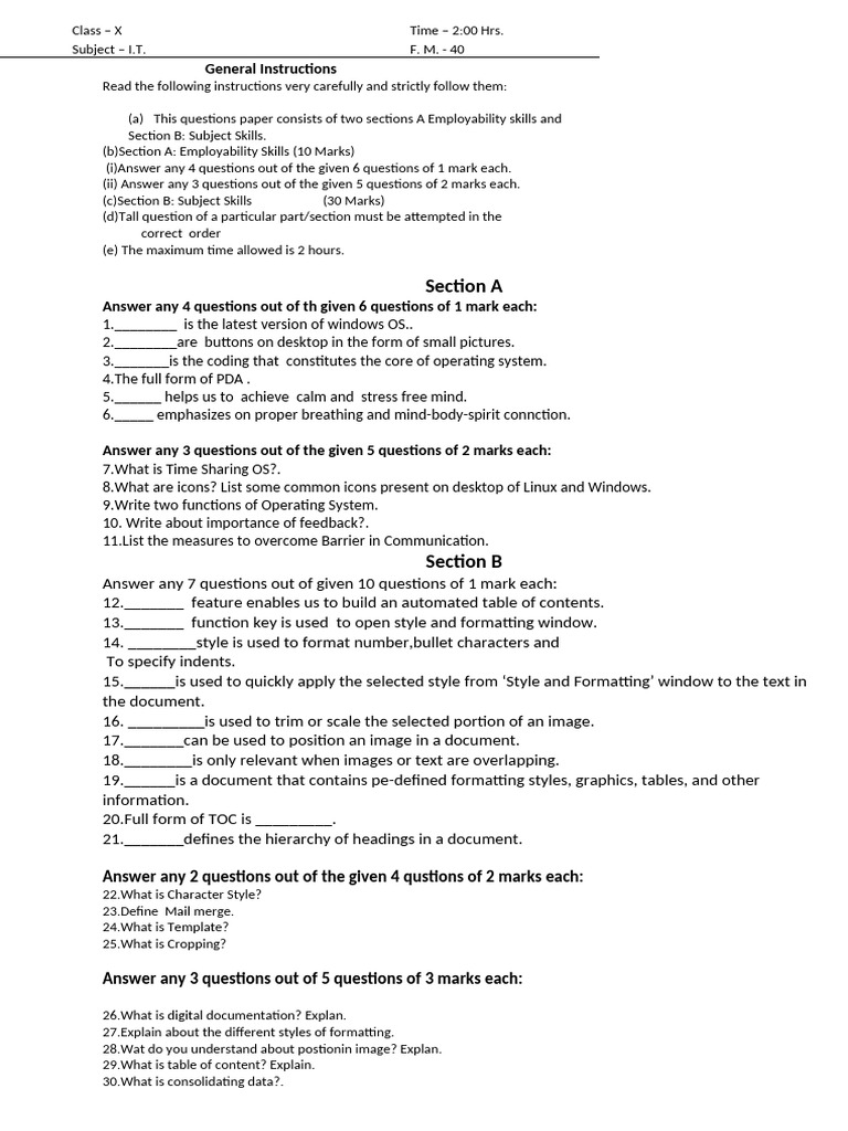 Class X IT Exam Paper Instructions | PDF | System Software | Computing