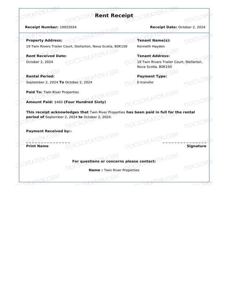 Rent Receipt for Twin River Properties | PDF