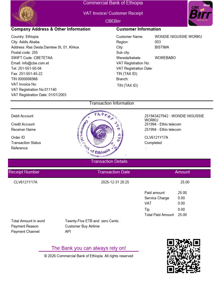 Cbebirr Receipt Clv6121y17a | PDF | Receipt | Value Added Tax
