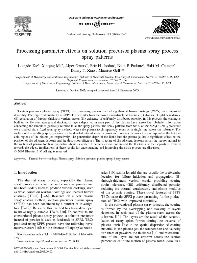 Effects of Processing on Plasma Spray Patterns | PDF | Gases | Liquids