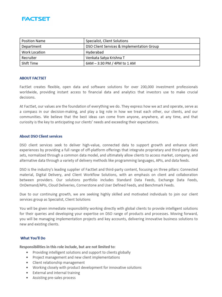 Client Solutions Specialist Role at FactSet | PDF | Fact Set | Economies