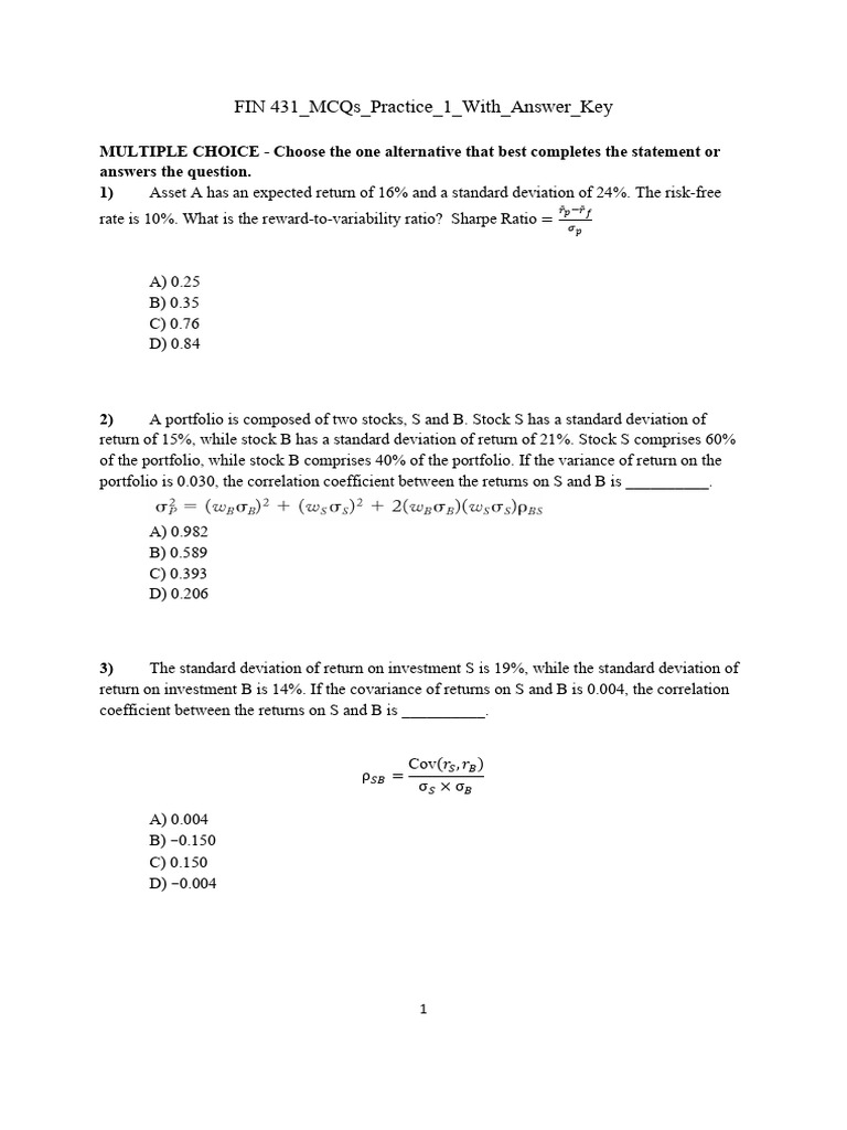FIN 431 MCQs Practice with Answers | PDF | Financial Risk | Private Sector