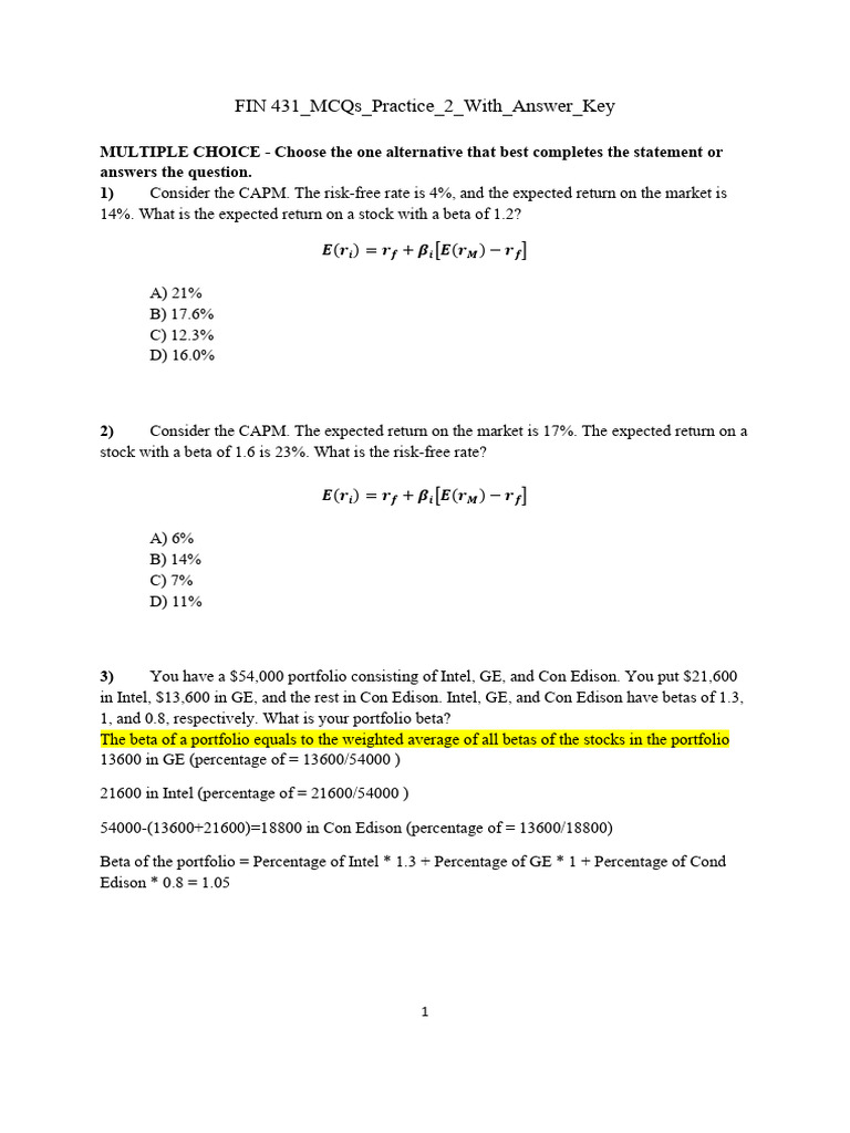 CAPM Practice Questions with Answers | PDF | Capital Asset Pricing ...
