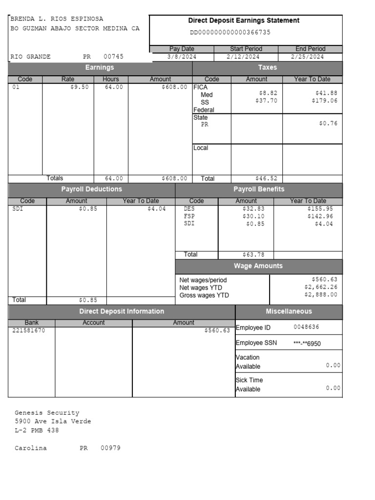 Direct Deposit Statement of Earnings(3!8!2024)_Part2218 | PDF | Payroll ...