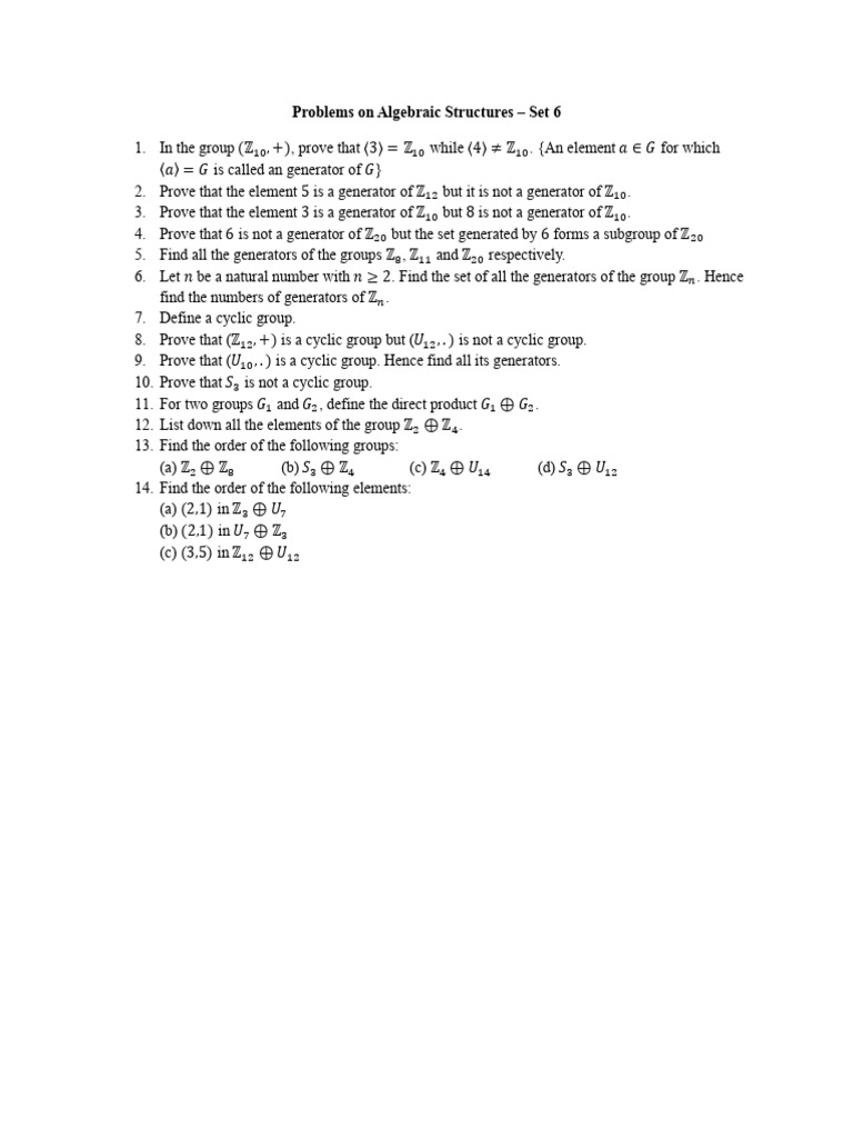 Problems+on+Algebraic+Structures+ +Set+6 | PDF