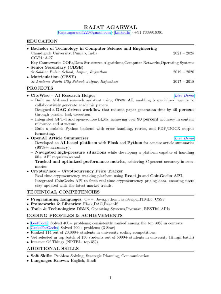 Rajat Agarwal: Computer Science Profile | PDF | Software Engineering ...