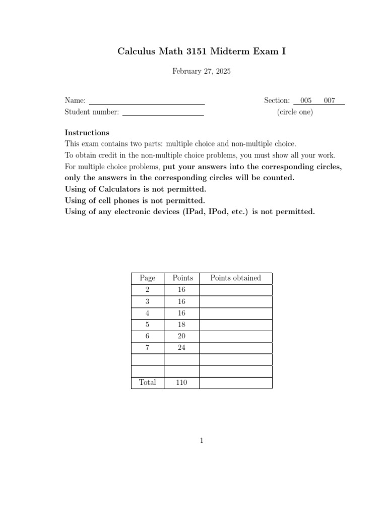 Calculus 3151 Midterm Exam I | PDF | Mathematical Analysis | Mathematics